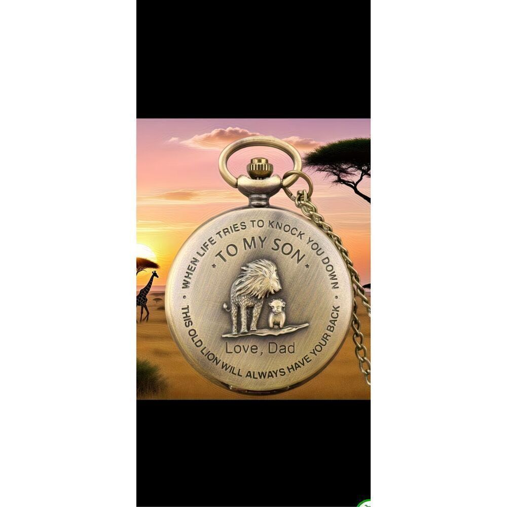 🦁 To My Son Pocket Watch – Lion & Cub – From Dad – Sentimental Gift – Quartz